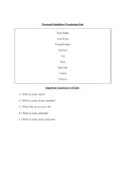Personal Identifiers Vocabulary Worksheet