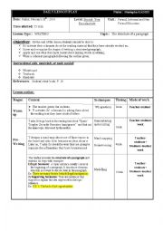 English Worksheet: Lesson plan on writing; The structure of a paragraph