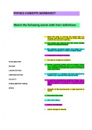 English Worksheet: PHYSICS CONCEPTS