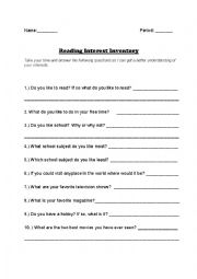 English Worksheet: Reading Interest Inventory