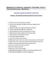 English Worksheet: Stephen Fry in America - Episode 5 - Part 2 - Comprehension questions and answers.