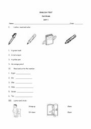 English Worksheet: School objects, colors and numbers