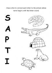 English Worksheet: Letter Matching and Coloring Page (A, S, T, P, I)