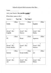 English Worksheet: School subjects: Find someone who likes...