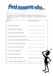 English Worksheet: Find someone who...intermediate pronunciation intro