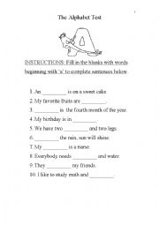 English Worksheet: The Vocabulary Test for the A Alphabet 