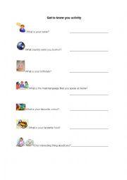 English Worksheet: ESL get to know you activity