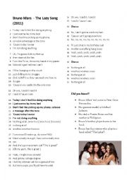 English Worksheet: The Lazy Song by Bruno Mars: lyrics and fun facts