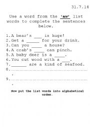 Phonics gap fill sentences worksheet with aw words