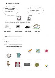 English Worksheet: greeting-classroom objects