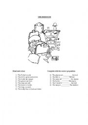 English Worksheet: Bedroom + prepositions + colours
