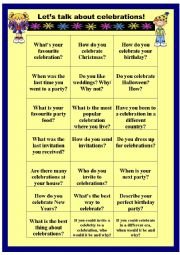 English Worksheet: Lets talok about celebrations - speaking cards