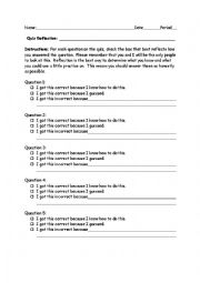 English Worksheet: Formative Assessment Reflection