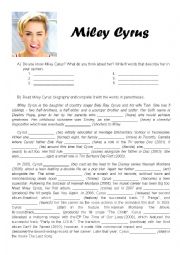 Miley Cyrus Biography + Wrecking Ball Song Worksheet