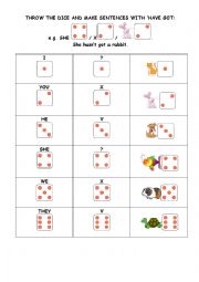 English Worksheet: game with  a dice have got + pets
