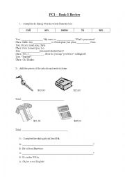 English Worksheet: Review about personal information, school objects and prices