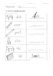 English Worksheet: Classroom Objects Spelling