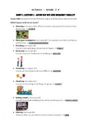 English Worksheet: Inquiry skills (plan an investigation, observe, compare, measure, classify, make a model, predict, infer...)