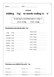 English Worksheet: Adding ing to words ending in e