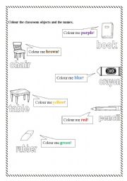 English Worksheet: Classroom objects and colours