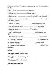 English Worksheet: Connectors: so, because, but