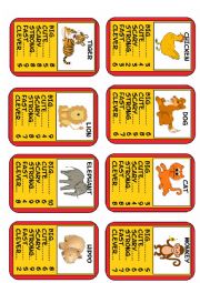 English Worksheet: Simple Animal Top Trumps Game Set 1 of 6, 8 Cards, adjectives. 