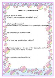 English Worksheet: Interview Questions for parents to write a Biography