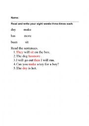 English Worksheet: Sight words and Sentences Work Sheet