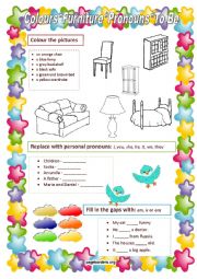 English Worksheet: Colours / Furniture / Personal Pronouns / To Be (variant 2)
