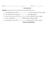 English Worksheet: Homophone Sort Quiz for Sort 49
