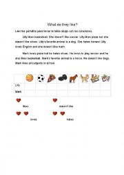 English Worksheet: What do they like?