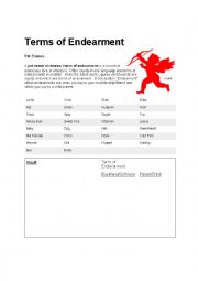 English Worksheet: Terms of Endearment 
