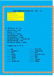 English Worksheet:  TIME PREPOSITIONS IN ON AT