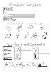 English Worksheet: Classroom Language, classroom objects, greetings