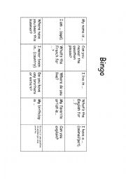 English Worksheet: Bingo