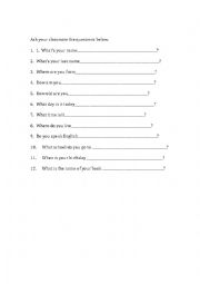 English Worksheet: Getting to Know Your Classmates Questinnaire