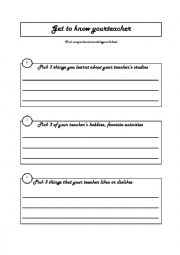 English Worksheet: GET TO KNOW YOUR TEACHER - BACK TO SCHOOL ACTIVITY