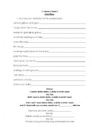 English Worksheet: Aloe Blacc- need a dollar (song worksheet)