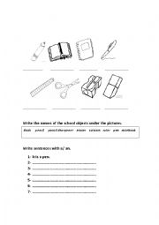 English Worksheet: School objects and articles a/an