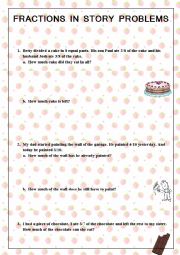 English Worksheet: Fractions in story problems