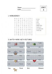 English Worksheet: wordsearch & match word with picture -PETS- slow learners