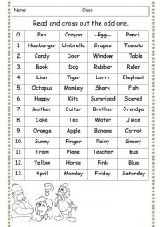 English Worksheet: Revision of vocabulary (cross out the odd one)
