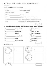 English Worksheet: Time, w questions, simple present and present continuous