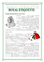 English Worksheet: ROYAL ETIQUETTE GAP FILLING AND READING COMPREHENSION with a key 