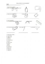 English Worksheet: School Objects and Numbers Practice