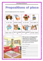 English Worksheet: GRAMMAR REVISION 5 - PREPOSITIONS OF PLACE THERE IS THERE ARE