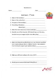 English Worksheet: book report for the 7th or 8th grade