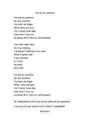 English Worksheet: you are my sunshine lyrics