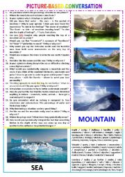 English Worksheet: Picture-based conversation  : topic 90 - mountain vs sea (symbolic meaning)