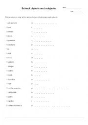 English Worksheet: School subjects and objects